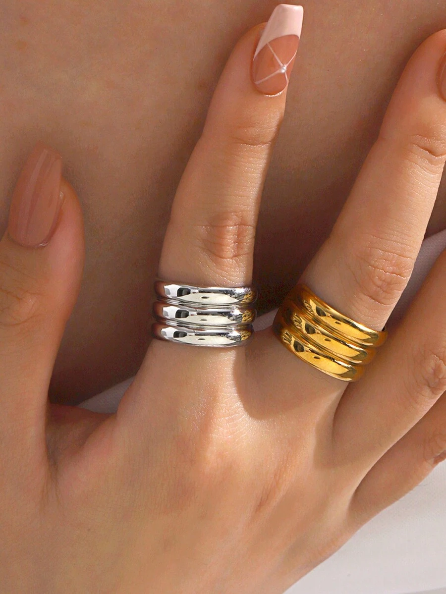 1 chiếc nhẫn tròn trơn không đối xứng bằng thép không gỉ thời trang cổ điển, nhẫn hở phong cách hiphop hợp thời trang mạ vàng 18K - Nhiều màu - Xem 1