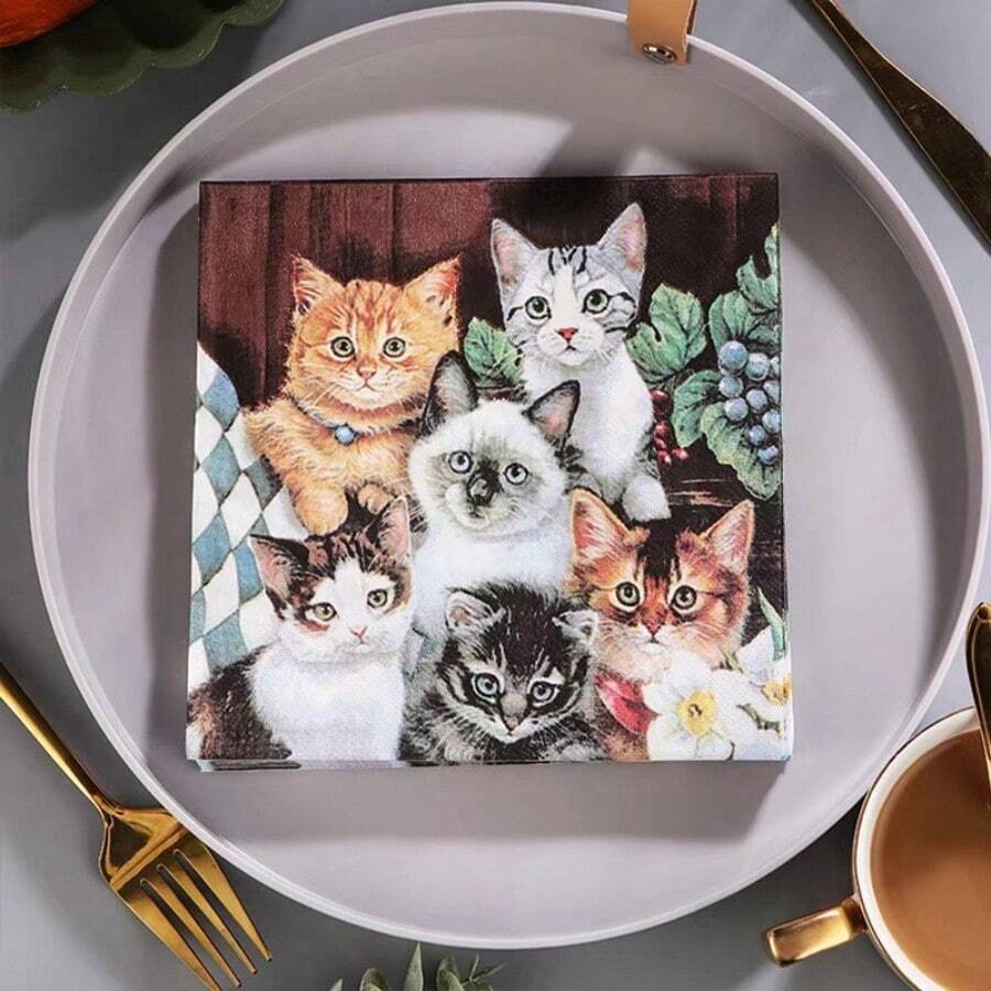 20 unidades Servilletas de papel decorativas con impresión de gatos para restaurante, lindos gatitos cuadrados, adecuadas para fiestas y decoración de mesa, decoración del hogar, decoración navideña, suministros para fiestas - Multicolor - Ver 1