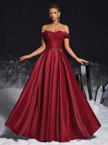 VIPGIRL 优雅的勃艮第露肩缎面舞会礼服，带束腰背部，女士正式礼服和晚礼服，女士舞会礼服，拖地长款派对礼服，婚礼宾客礼服 - 紅色 - 查看 3