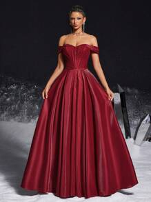 VIPGIRL 优雅的勃艮第露肩缎面舞会礼服，带束腰背部，女士正式礼服和晚礼服，女士舞会礼服，拖地长款派对礼服，婚礼宾客礼服 - 紅色 - 查看 1