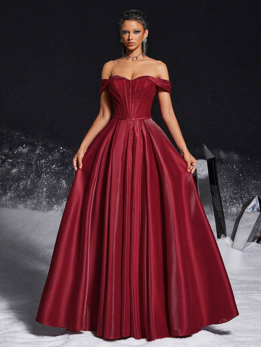 VIPGIRL 优雅的勃艮第露肩缎面舞会礼服，带束腰背部，女士正式礼服和晚礼服，女士舞会礼服，拖地长款派对礼服，婚礼宾客礼服 - 紅色 - 查看 1