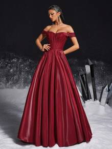VIPGIRL 优雅的勃艮第露肩缎面舞会礼服，带束腰背部，女士正式礼服和晚礼服，女士舞会礼服，拖地长款派对礼服，婚礼宾客礼服 - 紅色 - 查看 6