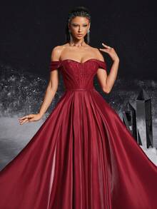 VIPGIRL 优雅的勃艮第露肩缎面舞会礼服，带束腰背部，女士正式礼服和晚礼服，女士舞会礼服，拖地长款派对礼服，婚礼宾客礼服 - 紅色 - 查看 8