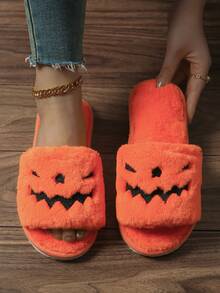 万圣节怪物南瓜柔软毛绒拖鞋，防滑 EVA 鞋底，舒适的室内选择 - 橘色 - 查看 5