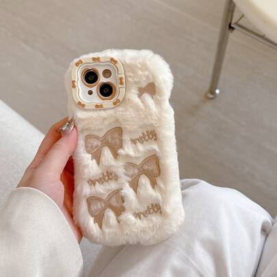 Wnter New Cute Embroidered Bow Plush Phone Case Compatible With IPhone 17 Pro Max/17 Pro/17, 16 Pro Max/16 Pro/16, 15 Pro Max/15 Pro/15, 14 Pro Max/14 Pro/14, New 13 Pro Max, Comfortable And Warm Cartoon Plush Phone Case For Women