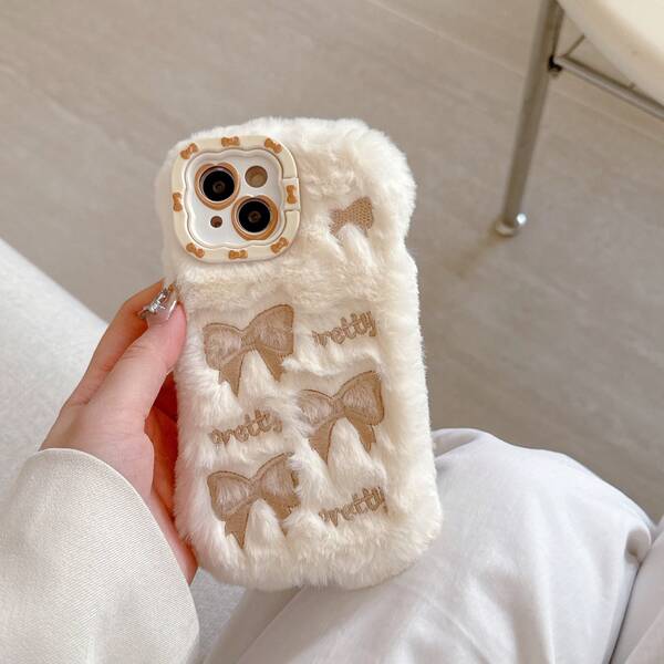Wnter New Cute Embroidered Bow Plush Phone Case Compatible With IPhone 17 Pro Max/17 Pro/17, 16 Pro Max/16 Pro/16, 15 Pro Max/15 Pro/15, 14 Pro Max/14 Pro/14, New 13 Pro Max, Comfortable And Warm Cartoon Plush Phone Case For Women