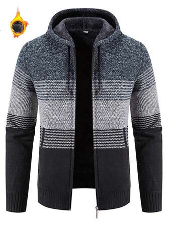 Koreanischer Stil Herren Kapuzenpullover, durchgehender Reißverschluss, Wollfutter, lässiger Regular Fit, für Herbst und Winter, Langarm Oberteil