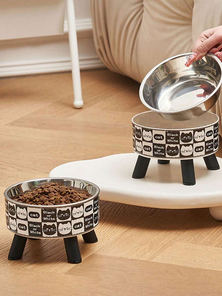 1 chiếc bát cao cho thú cưng bằng thép không gỉ dành cho mèo và chó, bát bảo vệ cổ chống trượt và chống lật - Đen và trắng - Xem 1