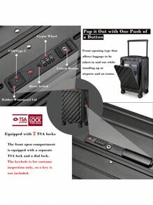 Sea Choice 55cm Carry On Luggage With Front Laptop Compartment Lock Pocket Hard Shell PC Aluminum Frame Closure Spinner Travel Trolley With YKK Zipper TSA Lock - Black - View 5