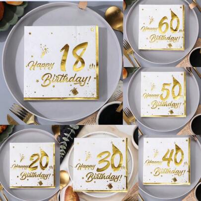 20 st fyrkantiga färgglada tryckta servetter med guldfärgad varmstämpling "Grattis på 20-, 30-, 40-, 50-, 60-, 70-årsdagen" för fester och matbord