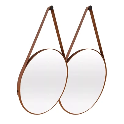 Kit 2 Espelhos Redondo Preto e Caramelo Decorativo Studio de Maquiagem Suspenso Alça 30cm Pino Brinde Sala Banheiro Quarto Escritório