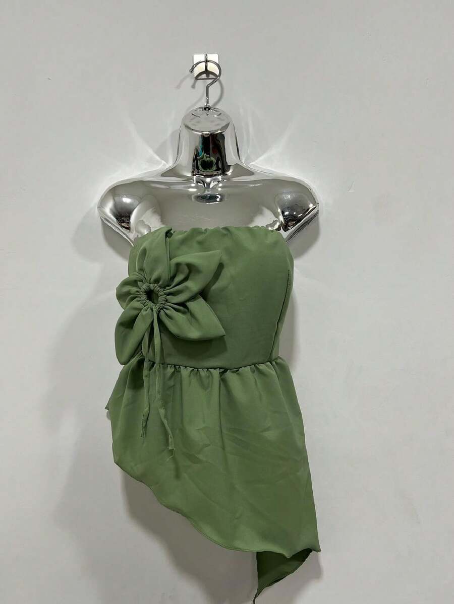 Blouse Style Crop Top With Asymmetrical Flower Detail - Army Green - View 1