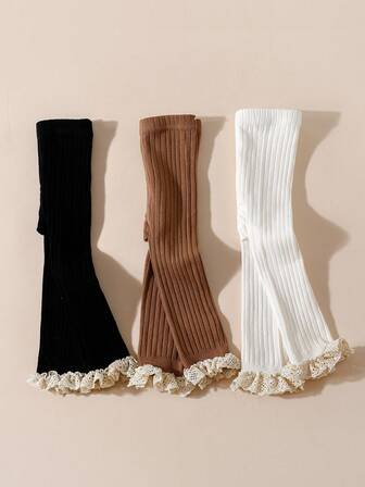 3pcs/Pack Baby Girls Solid Color & Striped Cropped Tights, Suitable For Spring & Autumn Seasons