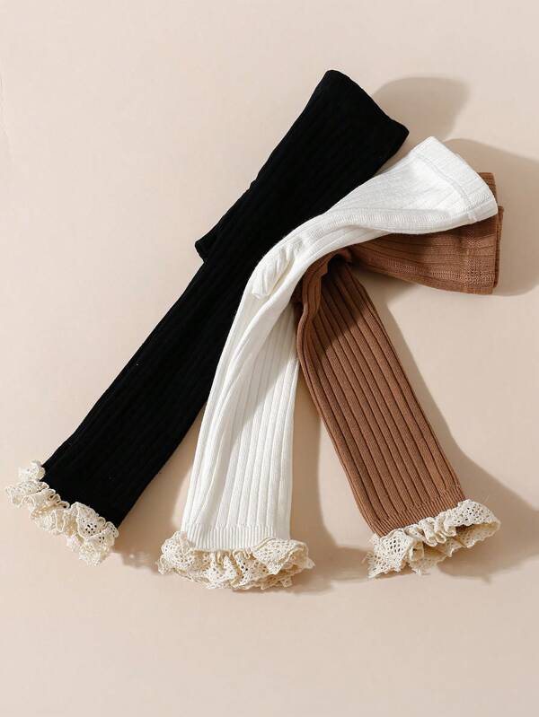 3pcs/Pack Baby Girls Solid Color & Striped Cropped Tights, Suitable For Spring & Autumn Seasons