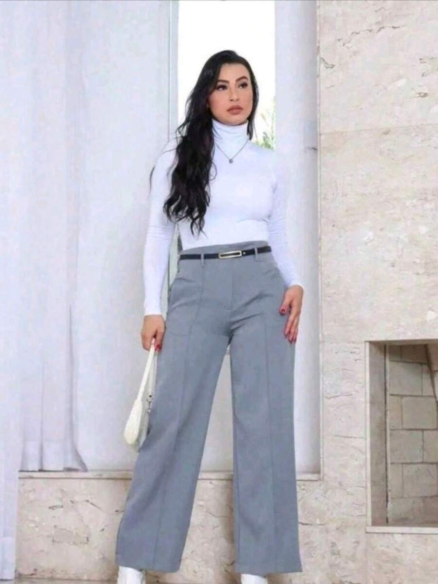 Wide Leg Pants With Belt - 灰色 - 查看 1