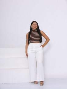 Calça  Feminina Alfaiataria LinhaPremium Pantalona Flare Bolso - Branco - Visão 2