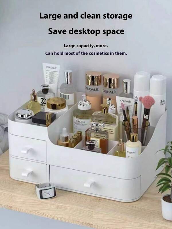Caixa organizadora de maquiagem com gavetas grandes, suporte de plástico para cosméticos de mesa para cuidados com a pele e batom, para férias na praia, coleção de banheiro, coleção de quarto, grande capacidade