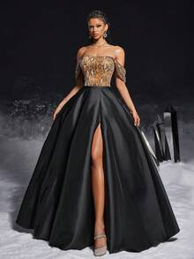 Đầm dạ hội sang trọng hở vai, phối màu tương phản, đính sequin, xẻ tà cao dành cho nữ. - màu đen - Xem 2