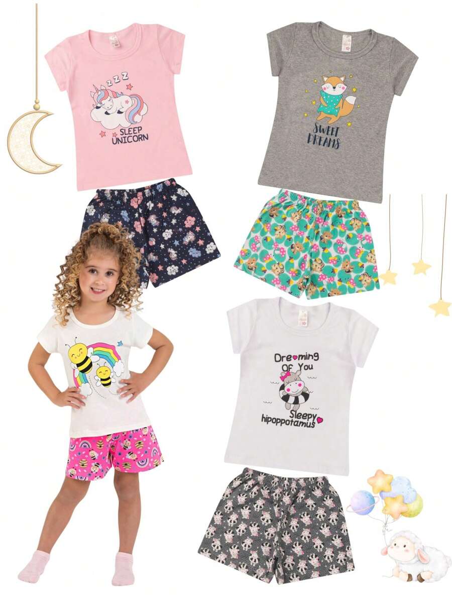 Kit With 4 Girls' Summer Pajamas In Printed Mesh - Nhiều màu - Xem 1