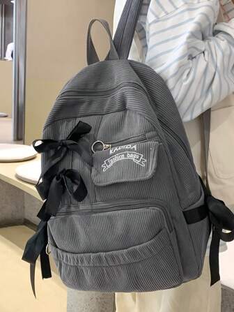 Minimalist High Capacity Backpack With Bow Decor, Fashion Corduroy Travel Bag, Literary School Bag For Teens, Book Bag For Women Or Students, Perfect For Books, Shopping, Back To School And More, School Essential Stuff For Women, Girls & Students, Cute Bow Backpack