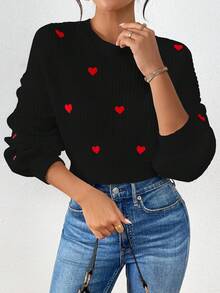 1 pieza Suéter de mujer con bordado de corazón dulce, suave y versátil de cuello redondo de manga larga, informal, para el Día de San Valentín - Negro - Ver 5