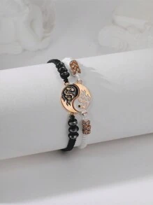 2 Stücke Schwarz-Weiß handgefertigte geflochtene Paar Armband mit Tai Chi, Acht Trigrammen und Drachentotem mit Strasssteinen
