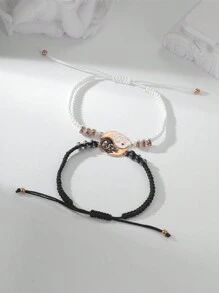 2 Stücke Schwarz-Weiß handgefertigte geflochtene Paar Armband mit Tai Chi, Acht Trigrammen und Drachentotem mit Strasssteinen