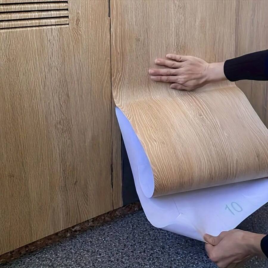 一卷自粘墙纸黄色木纹自粘可移除乙烯基墙纸，可清洗，石材和木材风格，适用于家具，桌子，橱柜，架子，抽屉衬里，