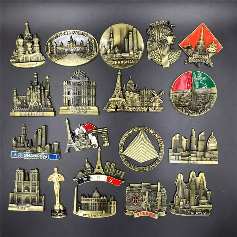 1pc Metal High-Grade 3D Stereo Refrigerator Sticker United States Egypt Fama Austria Spain Dubai Shanghai Macau