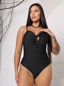 Women's Suplex Bodysuit With Neckline And Tie At The Front - màu đen - Xem 1