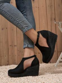 Soft Wedge Espadrille Women Shoes With Velvet Material And Buckle Closure, Fashionable And Convenient