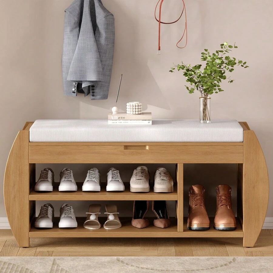 Retro Multifunctional Storage Bench With Cushion And Curved Side Panel For Entrance And Living Room (Natural) - Natural + MDF - View 1