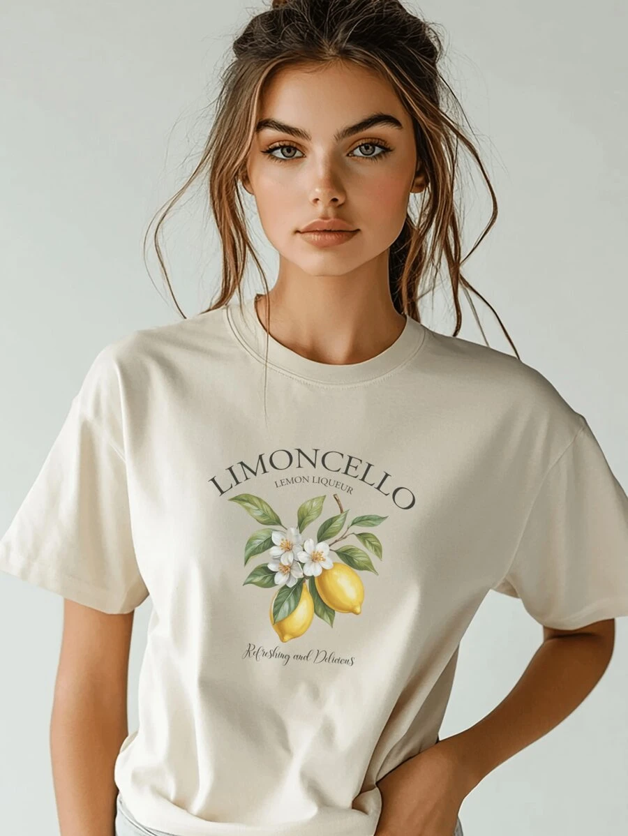 Women's 100% Cotton T-Shirt Minimalist Print Oversized Style T-Shirt Limone Lemon Print - 奶油色 - 查看 1