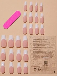 使用 24 款白色法式芭蕾按压指甲立即提升您的外观，粉色指甲，简约法式，简约优雅，适合女孩和女士日常穿着，派对穿着，以及送给朋友的精美礼物，配有小擦和一块果冻胶 - 彩色 - 查看 2