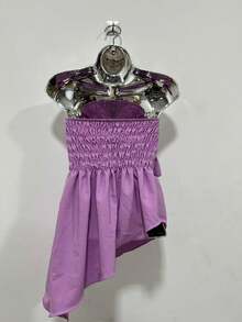 Blouse Style Crop Top With Asymmetrical Flower Detail - Lilac Purple - View 2