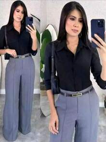 Wide Leg Pants With Belt - 灰色 - 查看 2