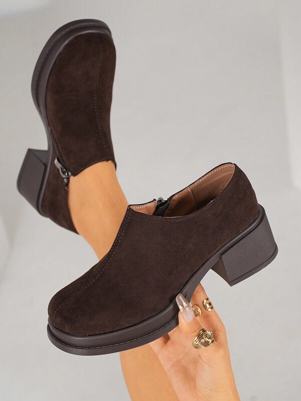 Novos sapatos de camurça com zíper em pele de veado Mary Jane Retro Salto grosso Plataforma Baixo Vamp, estilo francês Versátil Biqueira quadrada Estilo britânico Salto grosso Flats, Outono/Inverno