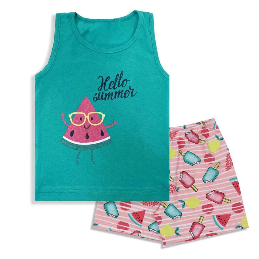 Children's Cotton Summer Set Turminha & Cia Pink Green - màu xanh lá - Xem 1