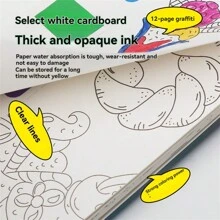 1pc 1 Book/12 Sheets Painting Notebook, Watercolor Coloring Memo Pad, Watercolor Coloring Book, Self-Contained Pigment Book, Animal Coloring Book, Princess Coloring Book, Plant Coloring Book, Food Coloring Book, Educational Coloring Pad, Water Painting Book