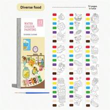 1pc 1 Book/12 Sheets Painting Notebook, Watercolor Coloring Memo Pad, Watercolor Coloring Book, Self-Contained Pigment Book, Animal Coloring Book, Princess Coloring Book, Plant Coloring Book, Food Coloring Book, Educational Coloring Pad, Water Painting Book