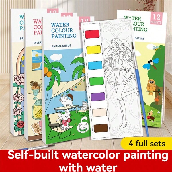 1pc 1 Book/12 Sheets Painting Notebook, Watercolor Coloring Memo Pad, Watercolor Coloring Book, Self-Contained Pigment Book, Animal Coloring Book, Princess Coloring Book, Plant Coloring Book, Food Coloring Book, Educational Coloring Pad, Water Painting Book