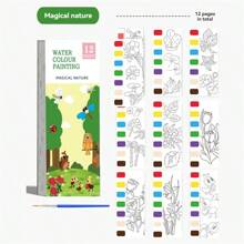 1pc 1 Book/12 Sheets Painting Notebook, Watercolor Coloring Memo Pad, Watercolor Coloring Book, Self-Contained Pigment Book, Animal Coloring Book, Princess Coloring Book, Plant Coloring Book, Food Coloring Book, Educational Coloring Pad, Water Painting Book