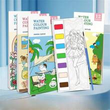 1pc 1 Book/12 Sheets Painting Notebook, Watercolor Coloring Memo Pad, Watercolor Coloring Book, Self-Contained Pigment Book, Animal Coloring Book, Princess Coloring Book, Plant Coloring Book, Food Coloring Book, Educational Coloring Pad, Water Painting Book