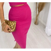 Midi Skirt With Stripes Or Plain With Slit In Knitwear/ Women's Fashion All Seasons/ Triset Skirt/ Summer - Hồng - Xem 3