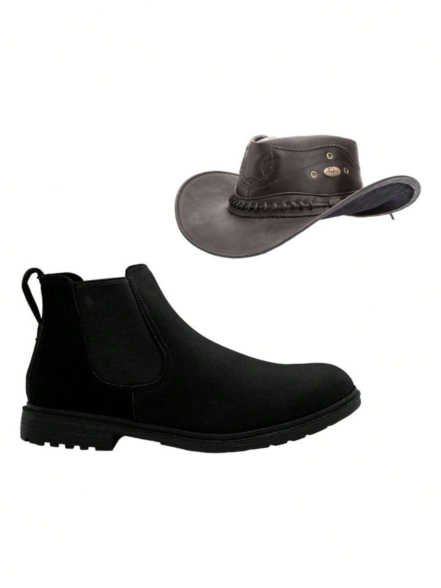 Men's Reinforced Suede Cowboy Boots + Cowboy Hat - 黑色 - 查看 1