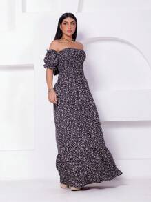 Long Dress With Puffed Sleeves And  Print - màu đen - Xem 3