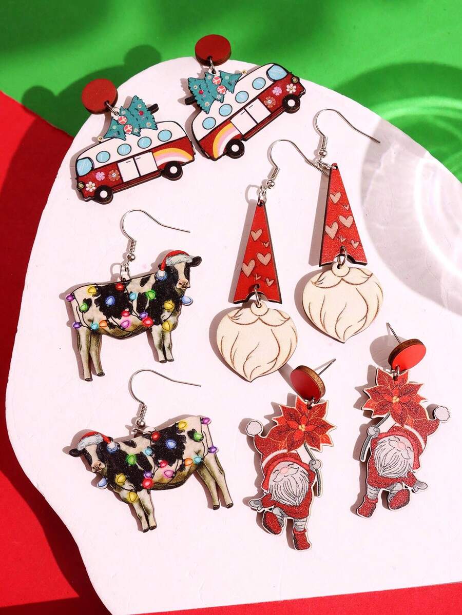 1 Cặp Hoa tai gỗ hình con bò, cây thông Noel, xe buýt, ria mép sáng tạo thời trang vui nhộn cá nhân hóa nhiều màu sắc cho phụ nữ trang sức dự tiệc ngày lễ - Nhiều màu - Xem 1