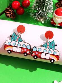 1 Cặp Hoa tai gỗ hình con bò, cây thông Noel, xe buýt, ria mép sáng tạo thời trang vui nhộn cá nhân hóa nhiều màu sắc cho phụ nữ trang sức dự tiệc ngày lễ - Nhiều màu - Xem 4