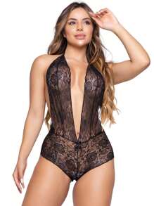 Golden Modas Kit 2 Bodysuit Lace Lingerie Sexy Lace Neckline Bare Back Intimate Fashion Halter - màu đen - Xem 2
