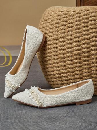 WHDXY Platta spetsiga tåskor för kvinnor, Slip-On i fransk stil Faux Pearl Party/Arbetsskor, Mjuk botten, Fairy Style, Wind Slip-On, Casual, Fuzzy Outer Design' Valentines